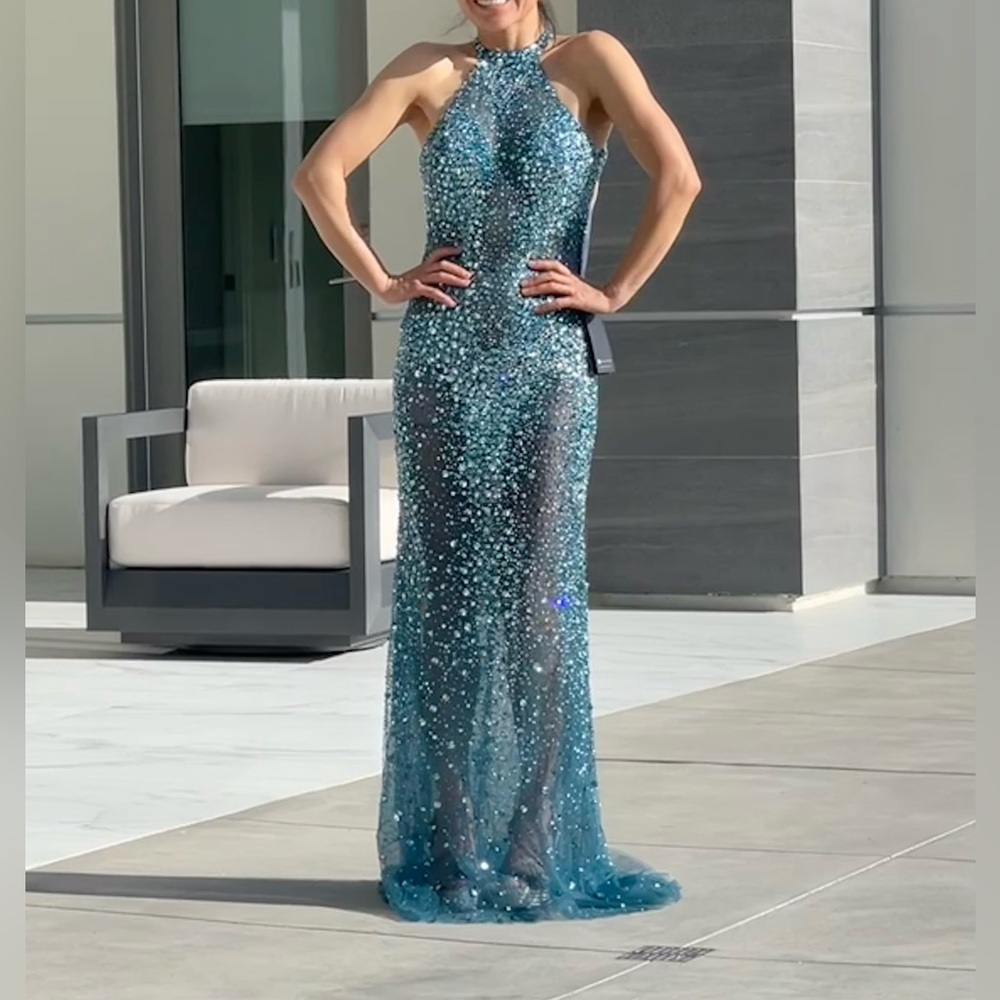 Terani Couture Sparkling Teal Backless Dress